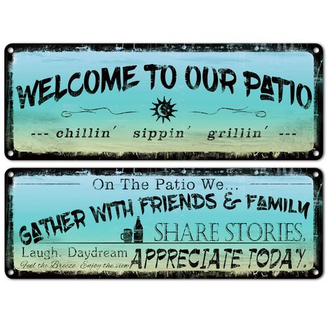 PRICES MAY VARY. A UNIQUE VINTAGE METAL PATIO SIGNS DECOR : Our patio signs are designed using a high resolution finished printing system. Each patio sign is created by baking enamelized ink into a tough, polyester coating on a thick, steel blank. Rich color, and fine detail. Perfect patio signs and decor outdoor signs to light up your Home. Bar. Office. Garage. Etc. WELCOME TO OUR PATIO & MAKE TIME TO RELAX : On the patio, we gather with friends & family. These outdoor patio signs decor send yo Patio Wall Decor, Beachfront Decor, Patio Signs, Tiki Bar Decor, Pool Outdoor, Patio Wall, Outdoor Backyard, Swimming Pool Designs, Patio Porch