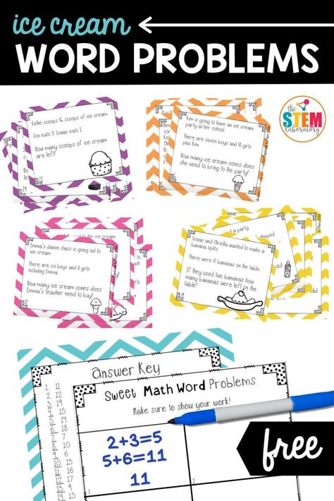 These ice cream word problems are perfect for getting first and second graders excited about math story problems! They are colored coded to differentiate between addition and subtraction. Perfect for math centers or small instructional math groups! #addition #subtraction #wordproblems #storyproblems Math Story Problems Kindergarten, Story Problems Second Grade, Two Step Addition And Subtraction Word Problems, Word Problems Second Grade, Word Problem Games, Math Calendar, Math Story Problems, Numbers Activities, Math Fact Games