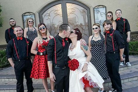 Polka Dot Wedding Theme, Andrew And Lexi, Motorcycle Wedding Ideas, 1950s Wedding Theme, Rockabilly Motorcycle, Rockabilly Couple, Rockabilly Wedding Dresses, Pinup Wedding, Red Rose Bouquet Wedding