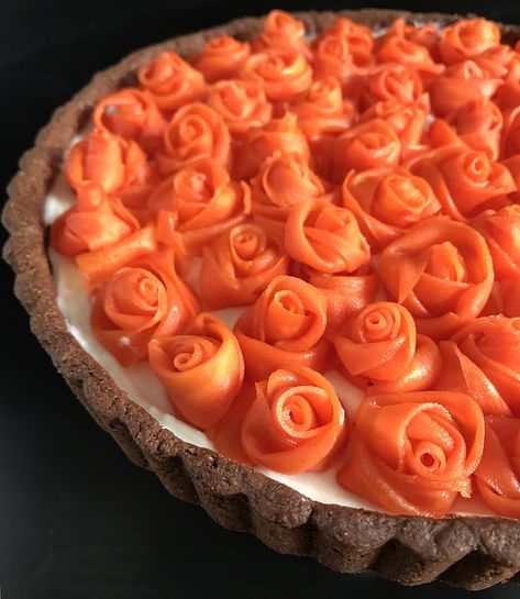 The Cooking of Joy: Candied Carrot Rose Tart Carrot Roses, Red Queen Of Hearts, Rose Tart, Curried Carrot Soup, Roasted Carrot Salad, Candied Carrots, Coconut Icing, Carrot Flowers, Mini Carrots