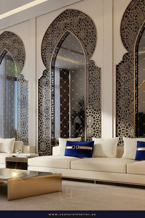 Moroccan Arches, Arabic Majlis Interior Design, Arabian Majlis, Modern Moroccan Interior Design, Majlis Interior Design, Modern Arabic Interior, Arabic Living Room, Arabic Interior Design, Islamic Interior Design