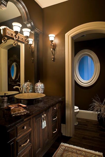 Eye For Design: Brown Colored Interiors.....Warm, Comforting, And On Trend! Dark Brown Bathroom, Brown Accent Wall, Color Bathroom Design, Dark Brown Walls, Brown Bathroom Ideas, Brown Paint Colors, Brown Bathroom Decor, Brown Decor, Brown Bathroom