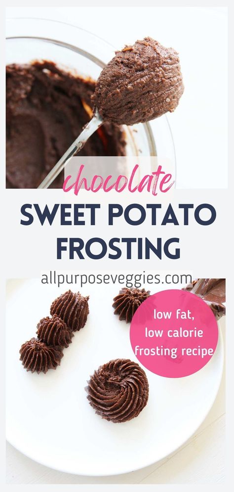 This Easy Chocolate Sweet Potato Frosting is probably the healthiest frosting recipe you’ll ever make. Made with cooked sweet potatoes, cocoa powder, sweetener and coconut oil, this chocolatey frosting recipe is creamy, thick and actually quite filling thanks to all that fiber from the sweet potatoes. Just mix and pipe - it's easy to make and delicious, too! #healthyfrosting #frostingrecipes #sweetpotatofrosting Sweet Potato Frosting, Chocolate Sweet Potato, Low Calorie Frosting Recipe, Sweet Potato Chocolate Frosting, Sweet Potatoes With Coconut Milk, Sweet Potato Skins Healthy, Healthy Frosting, Sweet Potato Chocolate, Orange Sweet Potatoes