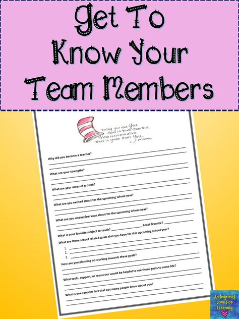 FREE! Get To Know Your Team Members Questions to help guide and build for the upcoming school year!   This resource is great for grade level and lead teachers. Enjoy! Teacher Team Leader, Team Building Questions, School Leadership Principal, Team Questions, Math Instructional Coach, Instructional Coaching Tools, Questions Template, Thought Provoking Questions, Fun Quiz Questions