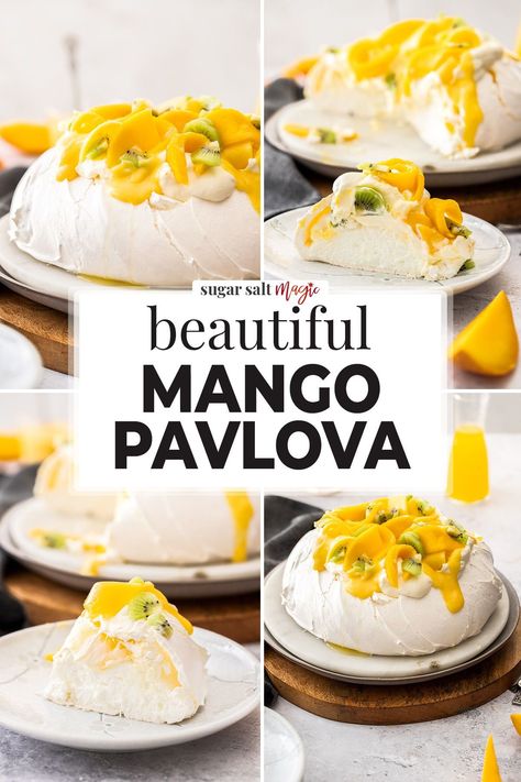 This mango pavlova is a wonderful marriage between sweet pavlova with mango, cream and mango curd. It has the perfect crisp crust with a soft and fluffy centre. It all starts with the best pavlova recipe. You want it to have a thick, crunchy crust of meringue on the outside but the inside absolutely must be filled with soft and fluffy, almost marshmallow-like filling. Then you need to load it up with cream and fresh fruit. With this one, I chose mango, mango curd and a drizzle of mango syrup. Mango Pavlova Recipe, Mango Pavlova, Best Pavlova, Lemon Curd Pavlova, Mango Curd, Meringue Roulade, Mango Mango, Mango Cream, Desserts Healthy