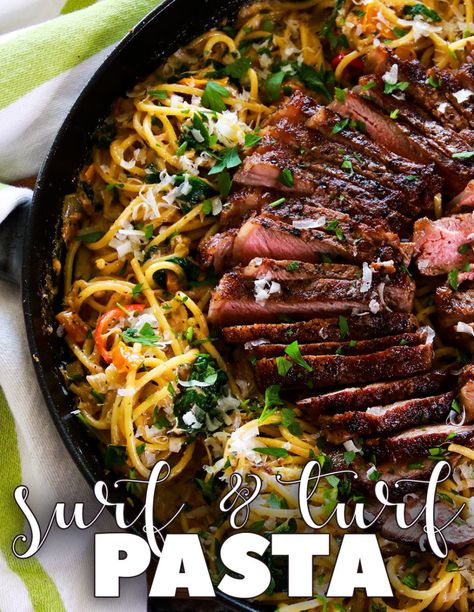 Spicy Surf and Turf Pasta featuring juicy seared steaks in herb and garlic brown butter, thinly sliced on top of creamy, yet spicy crab spaghetti. It\'s truly the best of both worlds. #surfandturfpasta #surfandturf #steakpasta #crabpasta #seafoodpasta #steakhousepasta #pastarecipes #spaghettirecipes #quarantinecooking #carnaldish #nystripsteaks #dryagedsteaks #steakrecipes #recipes #cooking Surf And Turf Pasta, Chef Resha, Surf N Turf Recipes, Fresno Chili, Spinach Juice, Ny Strip Steak, Sweet Bell Peppers, Ny Strip, Steak Butter