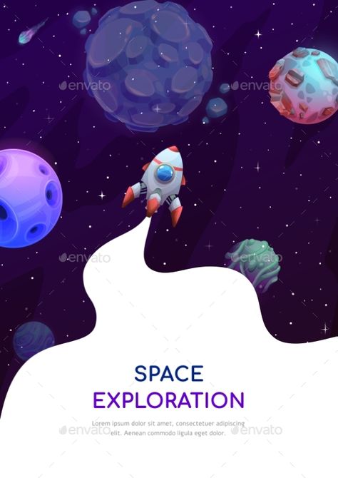 Space Exploration Rocket in Galaxy Poster Spaceship Graphic Design, Space Theme Graphic Design, Galaxy Poster Design, Space Poster Design, Galaxy Cartoon, Rocket Poster Design, Galaxy Landscape, Rocket Poster, Rocket Space Illustration