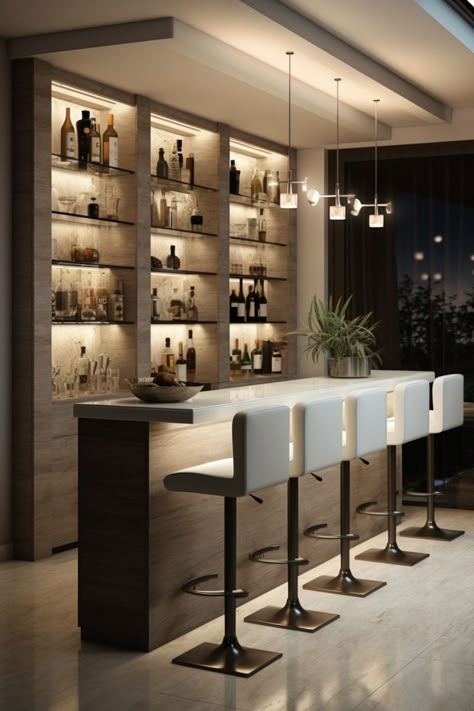 Minibar Bedroom, Modern Home Bar Designs Luxury, Contemporary Bar Design, Contemporary Home Bar Designs, Modern Home Bar Designs, Home Lounge Room Bar, Home Bar Counter, Bar Counter Design, Home Bar Areas