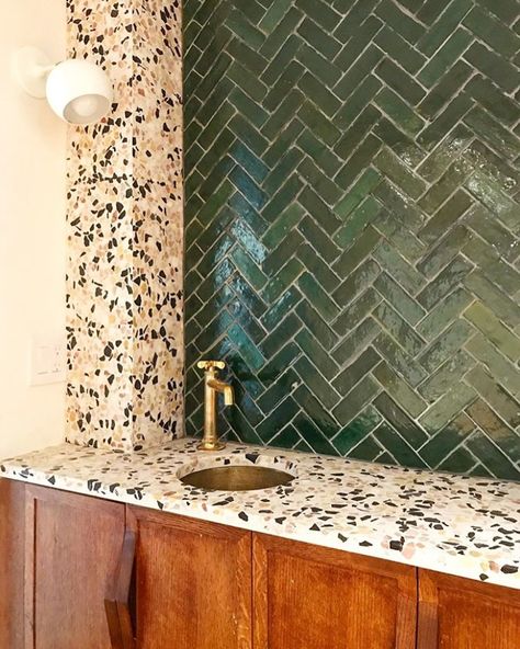 Love the green tiles Coffee Bar Green, Bathroom Tile Herringbone, Green Zellige Tile, Terrazzo Countertops, Olive Green Bathrooms, Terrazzo Countertop, Concrete Collaborative, Green Tile Bathroom, Concrete Terrazzo