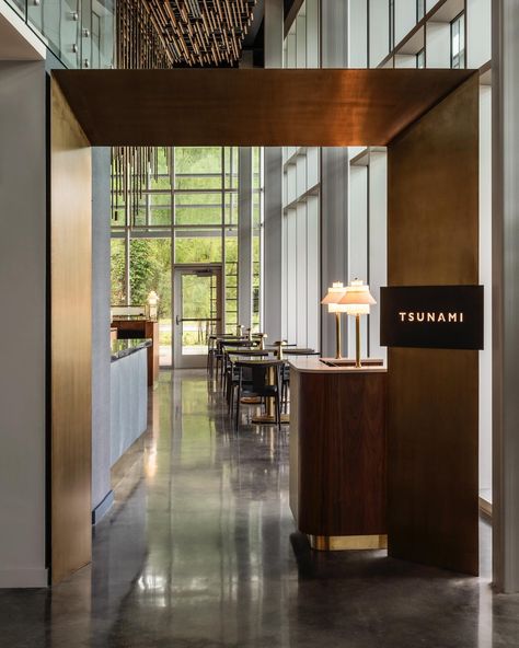 ⭐️First Impressions Matter⭐️ Defining the entrance to Tsunami within this modern multi-use building was a crucial element in setting the mood by creating a custom brass portal to transition guests from the bustling urban exterior to the tranquil, sophisticated ambiance of the restaurant. Entrance Portal, Entrance Restaurant, Restaurant Reception, Restaurant Entrance, Setting The Mood, The Restaurant, The Mood, Portal, Entrance