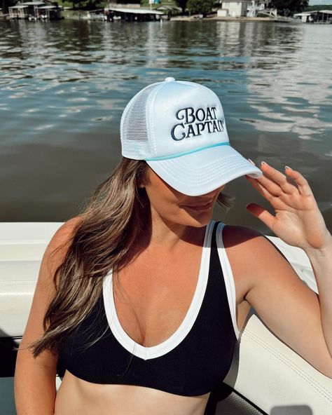 tag your boat captain 👨‍✈️ 💙 #kenzkustomz #boatcaptain #taptoshop Blue Trucker Hat, White Trucker Hat, Navy Embroidery, Lake Days, Swim Season, Boat Pics, Lake Girl, Custom Trucker Hats, Boat Captain