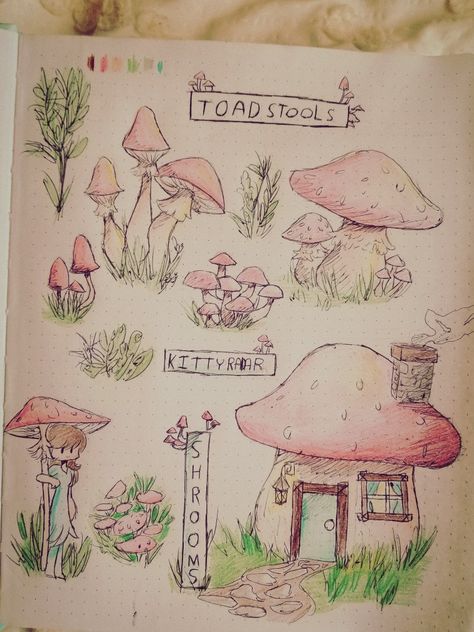 Sketchbook Art Inspiration Pencil Nature, Drawing Ideas Cottagecore, Cottagecore Drawings Easy, Cottage Core Drawings Easy, Cottagecore Doodles Easy, Fairy Garden Art Drawing, Mushroom Pencil Drawings, Mushroom Drawing Tutorial, Cottagecore Drawing Ideas