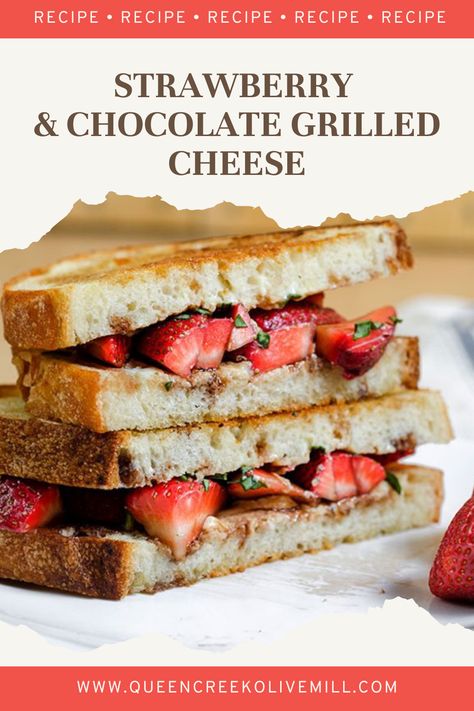 Experience a gourmet twist with our innovative Strawberry & Chocolate Grilled Cheese—a decadent fusion of sweet strawberries, rich chocolate, fresh basil and creamy brie that redefines grilled cheese perfection! Our dark chocolate olive oil on this is to-die-for and we toss the strawberries in our Strawberry Balsamic Reduction for a zing of vinegar and maximum flavor. Brie Grilled Cheese, Creamy Brie, Grilled Cheese Recipe, Strawberry Basil, Strawberry Balsamic, Olive Oil Recipes, Bacon Burger, Balsamic Reduction, Whats For Lunch