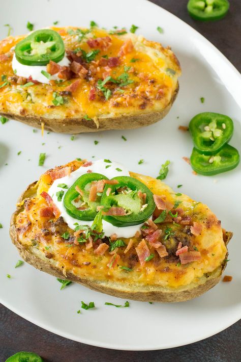 Jalapeno Popper Twice Baked Potatoes - Chili Pepper Madness Cheddar Mashed Potatoes Recipe, Jalapeno Recipe, Gameday Food, Pepper Stuffed, Chili Pepper Recipes, Baked Food, Jalapeno Popper Recipes, Stuffed Baked Potatoes, Easy Mashed Potatoes