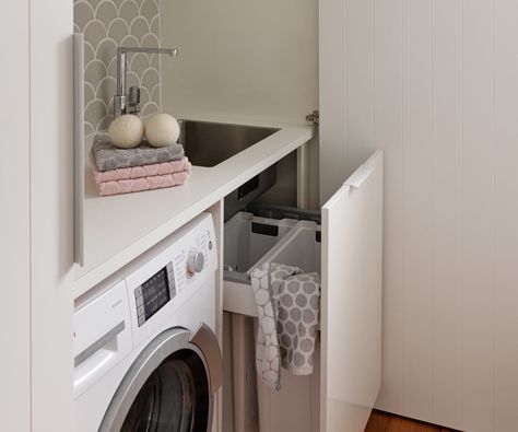 A small space renovation gave this family of five a stylish cupboard laundry that met all their needs in terms of storage, bench space and functionality. Laundry Basket Cupboard, Laundry Basket Under Sink, Laundry Hamper Ideas Small Space, Small Bathroom With Laundry, Cupboard Laundry, Under Sink Cupboard, Bathroom With Laundry, Apartment Laundry, Laundry Renovation