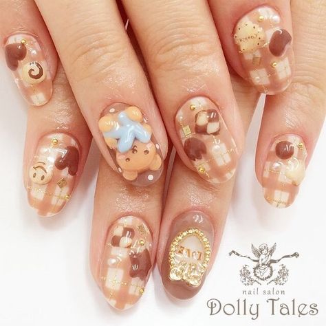 Brown Gyaru Nails, Kawaii Bear Nails, Brown Kawaii Nails, Brown Bear Nails, Bear Nails Designs, Cute Bear Nails, 4d Art, Bear Nails, Kawaii Nail Art