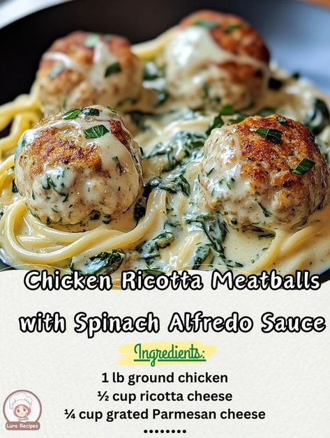 Lura's Recipes | Delight in the creamy goodness of Chicken Ricotta Meatballs with Spinach Alfredo Sauce | Facebook Chicken Ricotta Meatballs, Spinach Alfredo Sauce, Meatballs With Spinach, Chicken Ricotta, Ricotta Meatballs, Spinach Alfredo, Ground Chicken, Alfredo Sauce, Ricotta Cheese