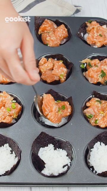 Crispy Rice Sushi Cups, Salmon Seaweed Cups, Salmon Sushi Cups, Sushi Cups, Cooked Sushi, Salmon Appetizer Recipes, Nori Sheets, Sushi Recipes Homemade, Seafood Sushi