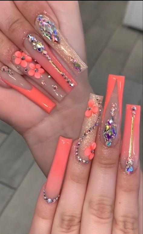 Salmon Acrylic Nails, Orange Nails With Diamonds, Orange Rhinestone Nails, Uñas Color Salmon, Coral Nails With Rhinestones, Long Orange Nails With Rhinestones, Salmon Nails Coral, Xl Long Acrylic Nails Orange, Coral Acrylic Nails