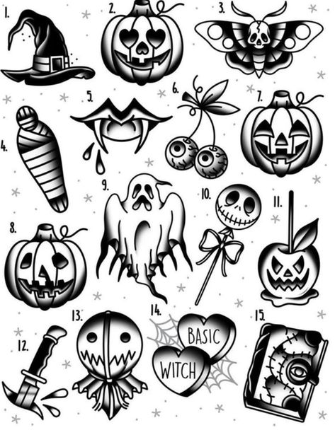 Planchette Tattoo Traditional, Spooky Halloween Tattoos, Halloween Patchwork Tattoo, Traditional Goth Tattoo, Friday 13th Tattoo Flash, Simple Spooky Tattoos, Horror Flash Tattoo, Trick R Treat Tattoo, Halloween Tattoo Designs