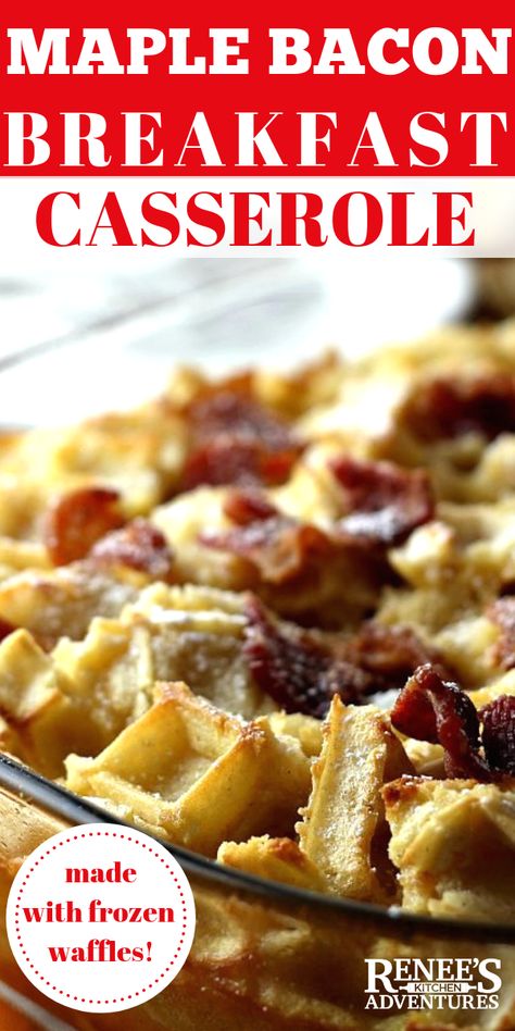 Breakfast Casserole with Bacon by Renee's Kitchen Adventures is an easy make ahead breakfast casserole recipe using frozen waffles, bacon, and a maple custard all prepared the night before and baked up in the morning. #breakfastcasserole #MoreEggo2Love #LeggoYourEggo AD Easy Make Ahead Breakfast Casserole, Maple Bacon Breakfast, Bacon Breakfast Casserole, Maple Custard, Breakfast Casserole With Bacon, Bacon Recipes Breakfast, Easy Make Ahead Breakfast, Brunch Casserole Recipes, Casserole With Bacon