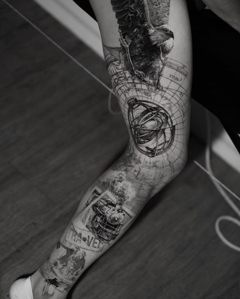 60 Incredible Leg Tattoos | Art and Design Tattoo For Travel, For Leg Tattoo, Full Leg Tattoo, Brand Tattoo, Bow Tattoo Designs, Full Leg Tattoos, Note Tattoo, Bow Tattoo, Leg Tattoo Men