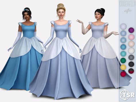 The Sims Resource - Cinderella Gown Sims 4 Princess Cc, Elvira Dress, Disney Princess Challenge, Cinderella Gown, Carolina Dress, 4 Princess, Sims 4 Cheats, Disney Princess Outfits, Sims 4 Dresses