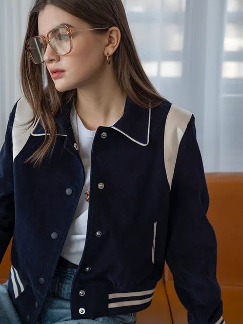 Varsity Jacket Outfit, Jacket Outfit Women, Korean Fashion Dress, Stylish Jackets, W Concept, Fashion Sale, Casual Coat, Casual Style Outfits, Crop Jacket