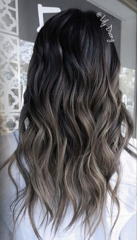 New Hair Color Ideas For Black Hair, Ombré Black Hair, Charcoal Balayage, Dark Brown Hair With Grey, Under Color Hair Ideas For Brunettes, Mushroom Balayage On Dark Hair, Cool Brunette Hair Color Ash Brown, Black Brown Balayage, Cool Toned Brown Hair Balayage