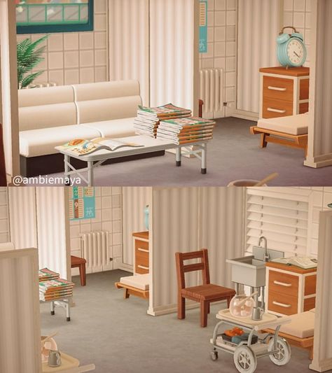 Acnh Hospital Exam Room Ideas, Acnh Hospital Ideas, Animal Crossing Hospital, Acnh House, Hospital Waiting Room, Waiting Room Design, Cozy Gaming, Happy Home Designer, Hospital Room