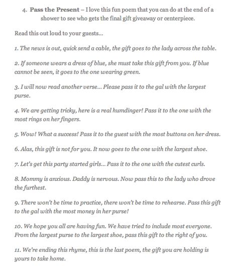 Pass the Present Poem/Game Funny Christmas Poems, Bridal Basket, Kate Baby, Modern Baby Shower Games, Games For Men, Shower Stuff, Sprinkle Baby Shower, Christmas Poems, Adult Party Games