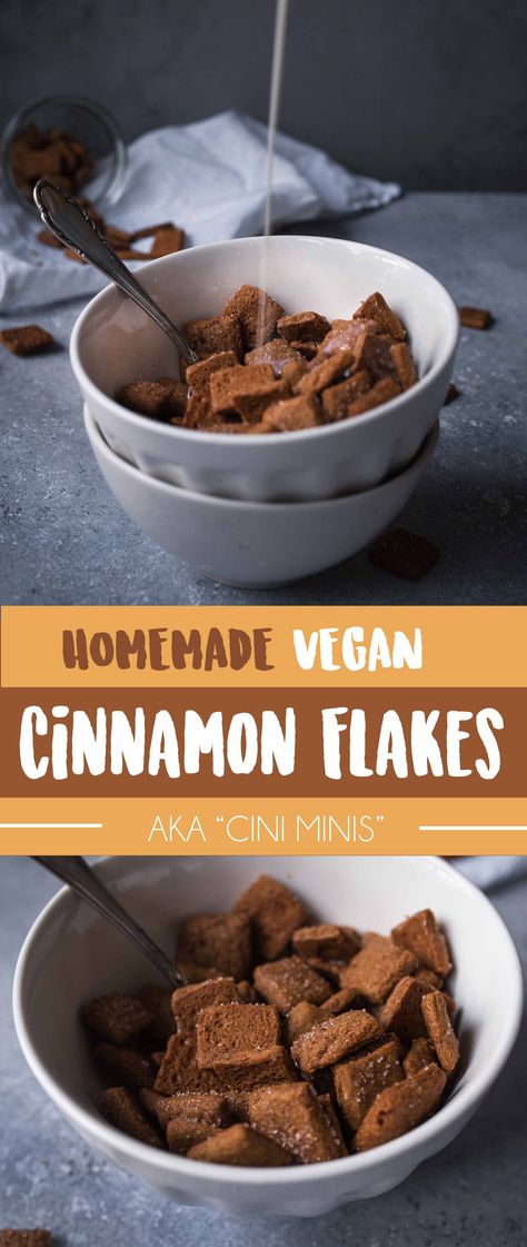 Homemade Vegan Cinnamon Crunch Flakes aka "Cini minis" Cereal Recipes Homemade, Vegan Cereal, Desserts Easy 3 Ingredients, Vegan Tofu Scramble, Waffles Vegan, Cinnamon Cereal, Homemade Cereal, Bake Gluten Free, Crunch Recipe