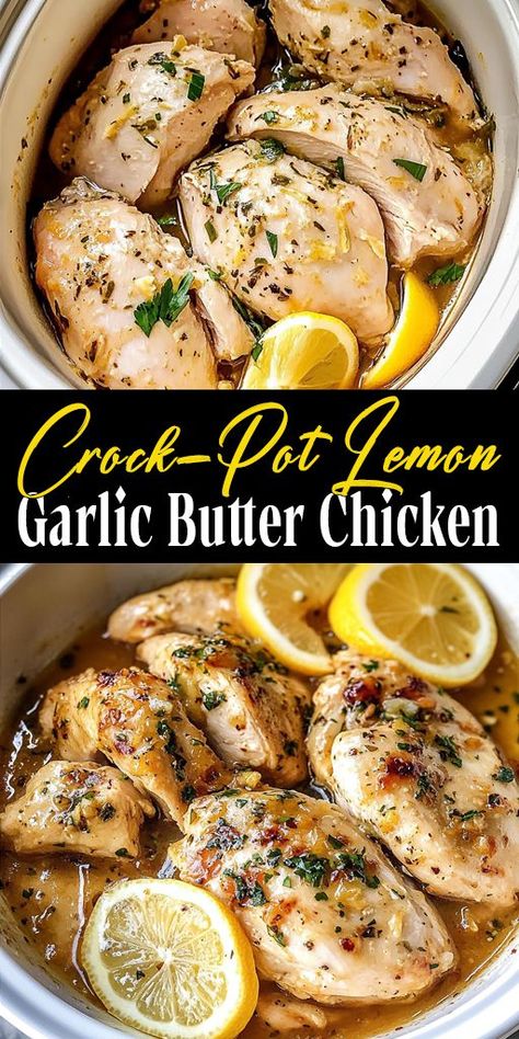 Looking for a set-it-and-forget-it meal? 🍲 This Crock-Pot Lemon Garlic Butter Chicken is flavorful, tender, and so simple to make. With a zesty lemon kick and buttery goodness, this recipe will wow your family. Save this Pin for your next dinner plan! 🍽 #SimpleRecipes #DinnerIdeas #CrockPotFavorites #ChickenDinner #LemonGarlicChicken #CookingInspo Garlic Butter Chicken Crockpot, Chicken Dinner Crockpot Recipes, Chicken Dinner Crockpot, Butter Chicken Crockpot, Lemon Garlic Butter Chicken Thighs, Lemon Chicken Crockpot, Crockpot Lemon Chicken, Garlic Butter Chicken Thighs, Garlic Chicken Crockpot