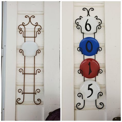 Hanger Hacks, House Number Plate, Hanger House, Junk Garden, House Number Plates, Upcycled Items, Screened Porch Designs, Upcycle Diy, Old Plates