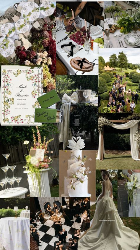 Low Ceiling Venue Ideas, Deep South Wedding, Garden Wedding Italy, Wedding Color Schemes Italy, Green Wedding Moodboard, Wedding Color Moodboard, Wedding Theme Mood Board, Wedding Theme Colors Elegant, Black Tie Garden Party Wedding