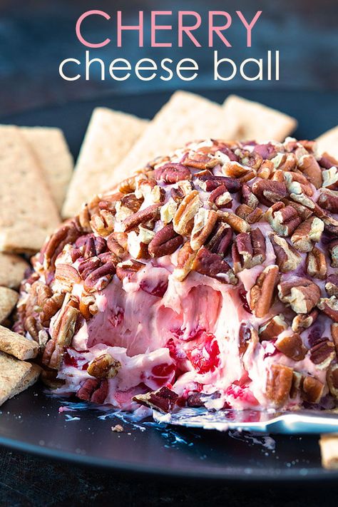 A sweet, delicious and colorful dessert cheese ball with maraschino cherries, powdered sugar, vanilla, nutmeg and toasted pecans. Cheese Ball Sweet, Dessert Cheese Ball, Cheese Ball Recipes Easy, Cream Cheese Ball, Maraschino Cherries, Colorful Desserts, Sweet Dips, Cheese Ball Recipes, Cherry Recipes