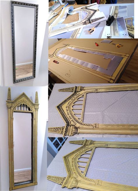 Diy Harry Potter Mirror Of Erised, Diy Mirror Of Erised Harry Potter, Harry Potter Bedroom Decor Diy, Diy Mirror Of Erised, Harry Potter Shadow Box Diy, Mirror Of Erised Diy, Cardboard Mirror Frame Diy, Harry Potter Mirror Diy, Diy Harry Potter Room Decor