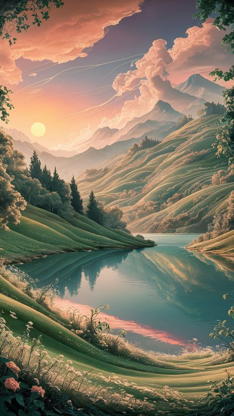 Immerse yourself in this breathtaking landscape art print, where rolling hills meet a tranquil lake reflecting a vibrant sunset. The warm oranges and soft purples of the sky evoke Impressionist beauty, while lush greenery and delicate flowers embody Romanticism. Majestic mountains and whimsical Art Nouveau elements invite you into a peaceful, dreamlike world. Perfect for nature lovers, home decor, and wall art enthusiasts. Landscape Art Print, Majestic Mountains, Delicate Flowers, Soft Purple, Lush Greenery, Rolling Hills, Delicate Flower, Whimsical Art, Nature Lovers