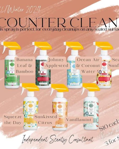 Scentsy Counter Cleaner is a Multipurpose spray that cleans while forming a clear, dirt-repelling barrier on sealed surfaces that gets stronger with regular use. How cool is that? 😎 Johnny Apple Seed “Just-picked McIntosh pops with apple peels and a hint of crisp pear.” So yummy 😋 🍎 • Ammonia-free formula. • Safe for use on granite, counters and bathroom fixtures. • Continuous use makes cleaning easier over time. • Available in a variety of Scentsy fragrances. Check my site for available sc... Scentsy Cleaning Products 2024, What Is Scentsy, Scentsy Counter Clean, Scentsy Cleaning Products, Counter Cleaner, Counter Clean, Scentsy Fragrance, Apple Seeds, Scentsy Consultant