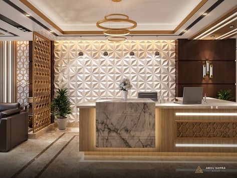 Office design ( Abou Samra Group ) part 1 on Behance Showroom Cash Counter Back Wall Design, Main Counter Design For Shop, Cash Counters Designs, Hotel Reception Design, Arabian Interior, Saree Showroom, Cash Counter Design, Immigration Office, Office Counter Design