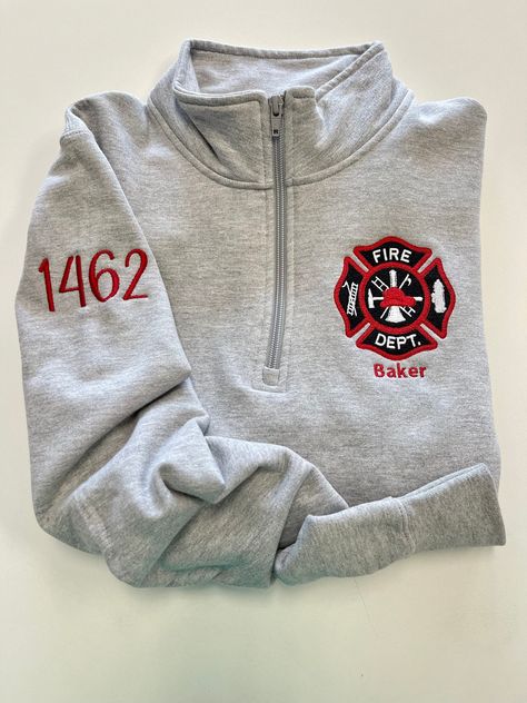 "This cute design is perfect to celebrate any firefighter in your life and makes a perfect staple for your own wardrobe.  All of our items are made on high quality products, not lower end pieces. We offer the design shown in the main listing photo on unisex quarter zip sweatshirts and four different types of full-zip jackets available in ladies cut and unisex sizing.  See below for comments on sizing.  To see all of our firefighter designs click here: https://www.etsy.com/shop/DoubleStitchDesign Fire Department Gifts, Fire Wife Shirt, Firefighter Gift Ideas, Firefighter Appreciation Gifts, Gifts For Firefighters, Fire Department Shirts, Firefighter Wife Shirt, Firefighter Custom, Firefighter Accessories