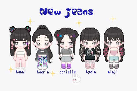 Kpop girl group, new jeans, all members, pixel art, pixel doll Pixel Kpop Icons, New Jeans Anime Art, New Jeans Character, New Jeans Drawing Kpop, Newjeans Pixel Art, New Jeans Names, New Jeans Graphic Design, New Jeans Pixel, Pixel Art Bunny