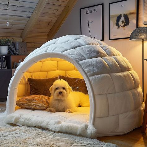 Aesthetic Dog House Indoor, Dog Home Ideas Indoor, Relax Space Design, Winter Dog House Diy, Dog Igloo Makeover, Aesthetic Dog House, Dog Spaces Outdoor, Dog Decor Ideas, Dog Spaces In House