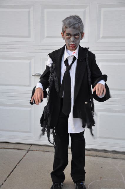 Diy Zombie Costume For Boys, How To Make A Zombie Shirt, Diy Kid Zombie Costume, Kids Zombie Costume Boys Diy, Male Zombie Costume, Boys Zombie Costume Diy, Toddler Zombie Costume Boy, Zombie Makeup Halloween Kids, Kids Zombie Makeup Boys