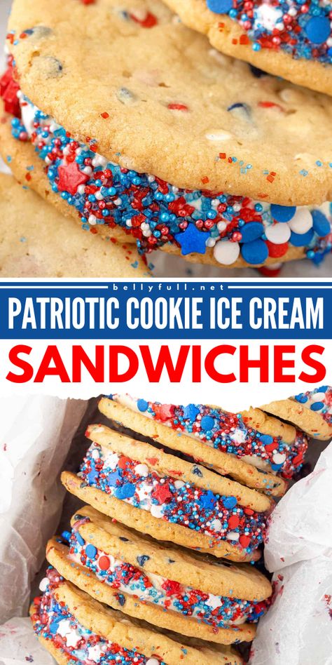 What's more fun than 4th of July dessert ideas? These Patriotic Cookie Ice Cream Sandwiches! A yummy summer dessert with sugar cookie dough, red white and blue chocolate chips, vanilla ice cream, and patriotic sprinkles! 4th Of July Ice Cream Desserts, Ice Cream Sandwich 4th Of July, 4th Of July Desserts Chocolate, July 4th Ice Cream Sandwiches, 4th Of July Cookie Sandwich, Red White And Blue Ice Cream Sandwiches, Fourth Of July Ice Cream Sandwich, Fourth Of July Ice Cream, Homemade Cookie Ice Cream Sandwiches