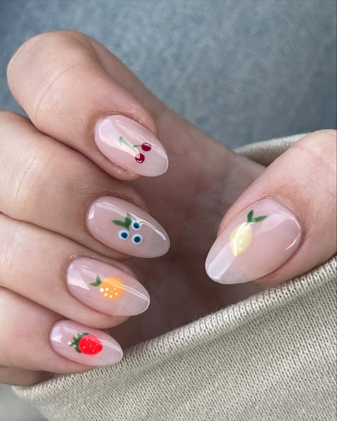 Cherry nail art strawberry nail art lemon nail art Simple Fruit Nail Designs, Little Fruit Nails, Fruit Almond Nails, Cherries Nail Art, Nail Designs Clear, Nail Art Strawberry, Spain Nails, Lemon Nail Art, Nail Art Fruit