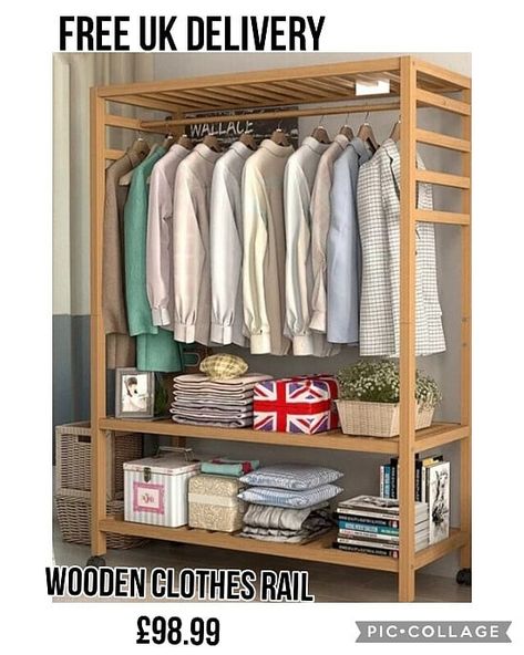 Wooden Clothes Rail 💥 £98.99 🚚 free UK 🇬🇧 delivery 🚚 7-14 working days for delivery. Who would like my shoplink #homewareandmorewithtina Wooden Clothes Rack, Scarf Rack, Coat Storage, Open Wardrobe, Wood Clothes, Clothes Stand, Clothes Rail, Hanging Clothes, Garment Racks