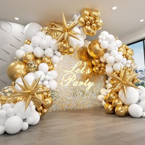 New Years Birthday Party, White And Gold Balloons, New Years Birthday, Graduation Dinner, Garland Arch, Arch Kit, Gold Balloons, Balloon Garland, Metallic Gold