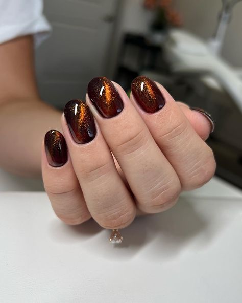 Cat Eye Nails: 30 Adorable Designs For You To Try in 2024 Sparkle Cat Eye Nails, Cat Eyes Ombre Nails, Orange Magnetic Nails, Short Almond Acrylic Nails Cat Eye, Dark Magnetic Nails, Brown Cats Eyes Nails, Autumn Nails Cat Eye, Gold Cats Eye Nails, Copper Cat Eye Nails