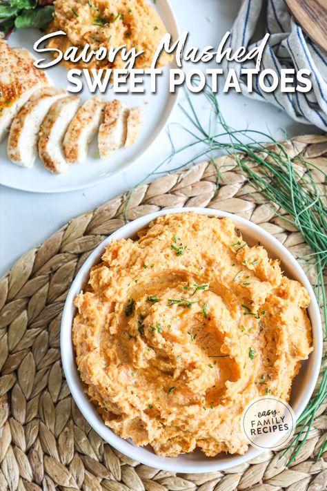 These savory mashed sweet potatoes are the perfect blend of sweet and savory. They're made with perfectly cooked, creamy, and fluffy sweet potatoes that are mashed to your liking, then blended with butter, sour cream, and parmesan. Sprinkle them with freshly chopped chives and serve them with any of your favorite savory entrees! Just a few basic ingredients and 25 minutes needed! Asian Steak Bites, Creamy Pasta Bake, Healthy Baked Chicken, Holiday Side Dishes, Easy Pizza, Mashed Sweet Potatoes, Group Meals, Sweet Potato Recipes, Easy Family Meals